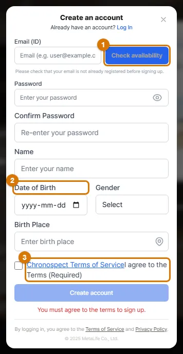 The Create an account window (Computer)
